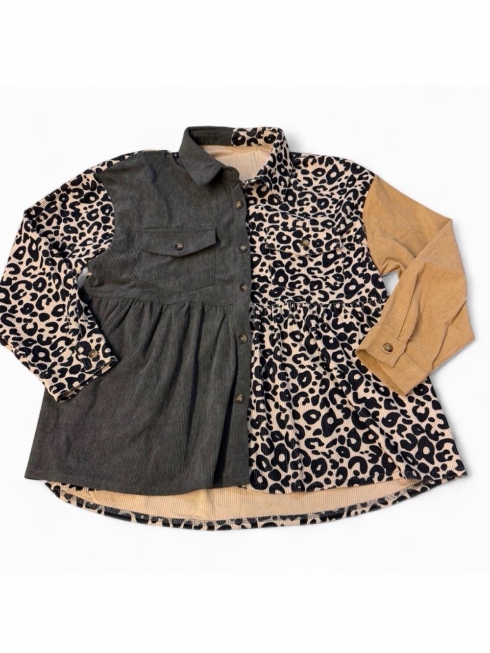 Babydoll Colorblock Corded Shacket Women’s XL Jacket Leopard Boho Western Spring - Picture 1 of 6